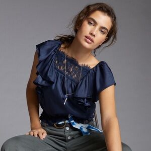 - Anthropologie Porridge Gathered Blue Lace Blouse
